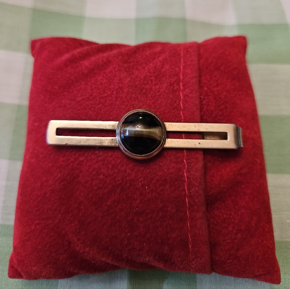 Vintage Tie Bar Clip W/ Cat Eye Type Stone Unmarked 2 3/4" L×1/4"W